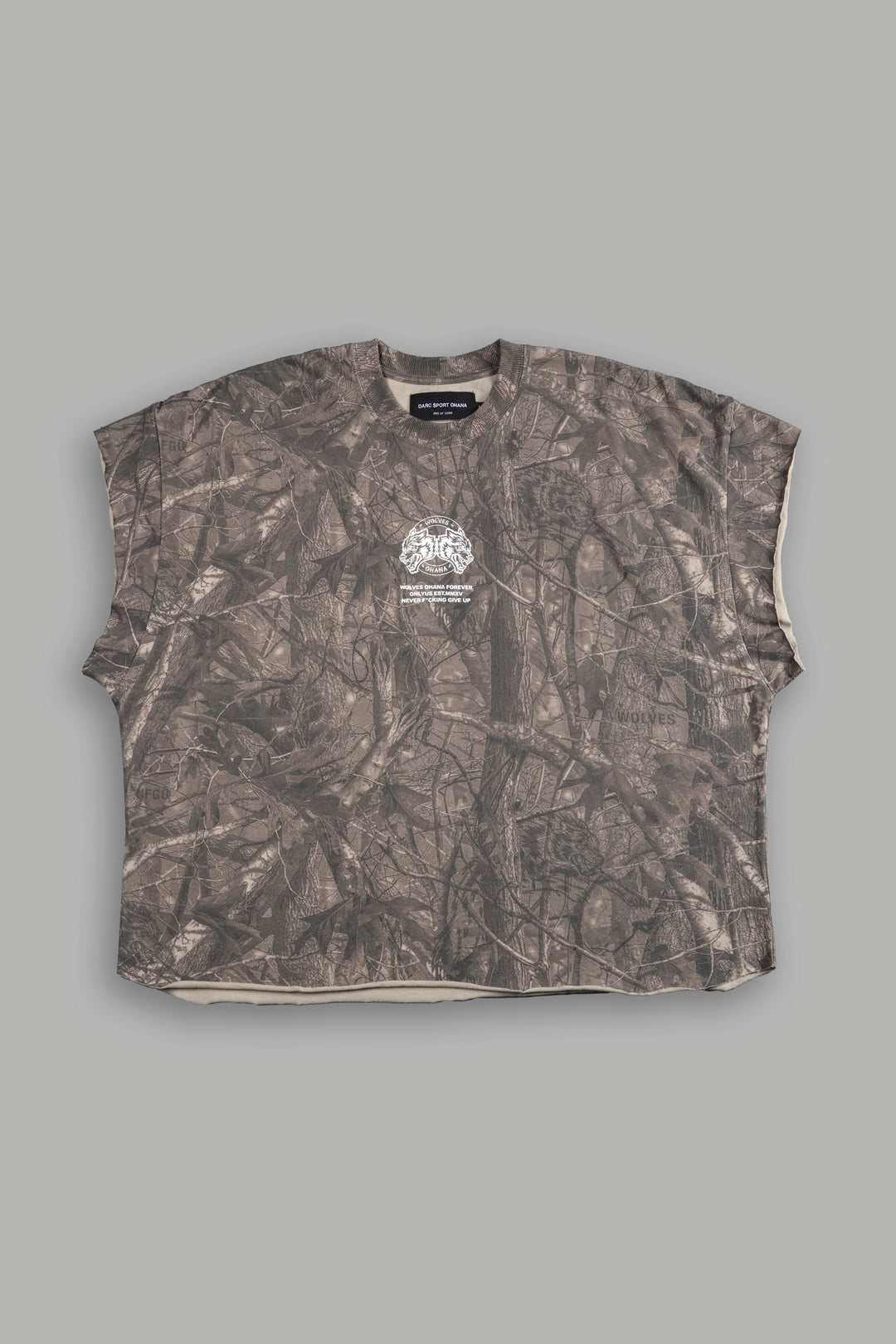 Wolves Ohana Forever "Grunge" Cut Off Tee in Dusk Moss Driftwood Forest Camo