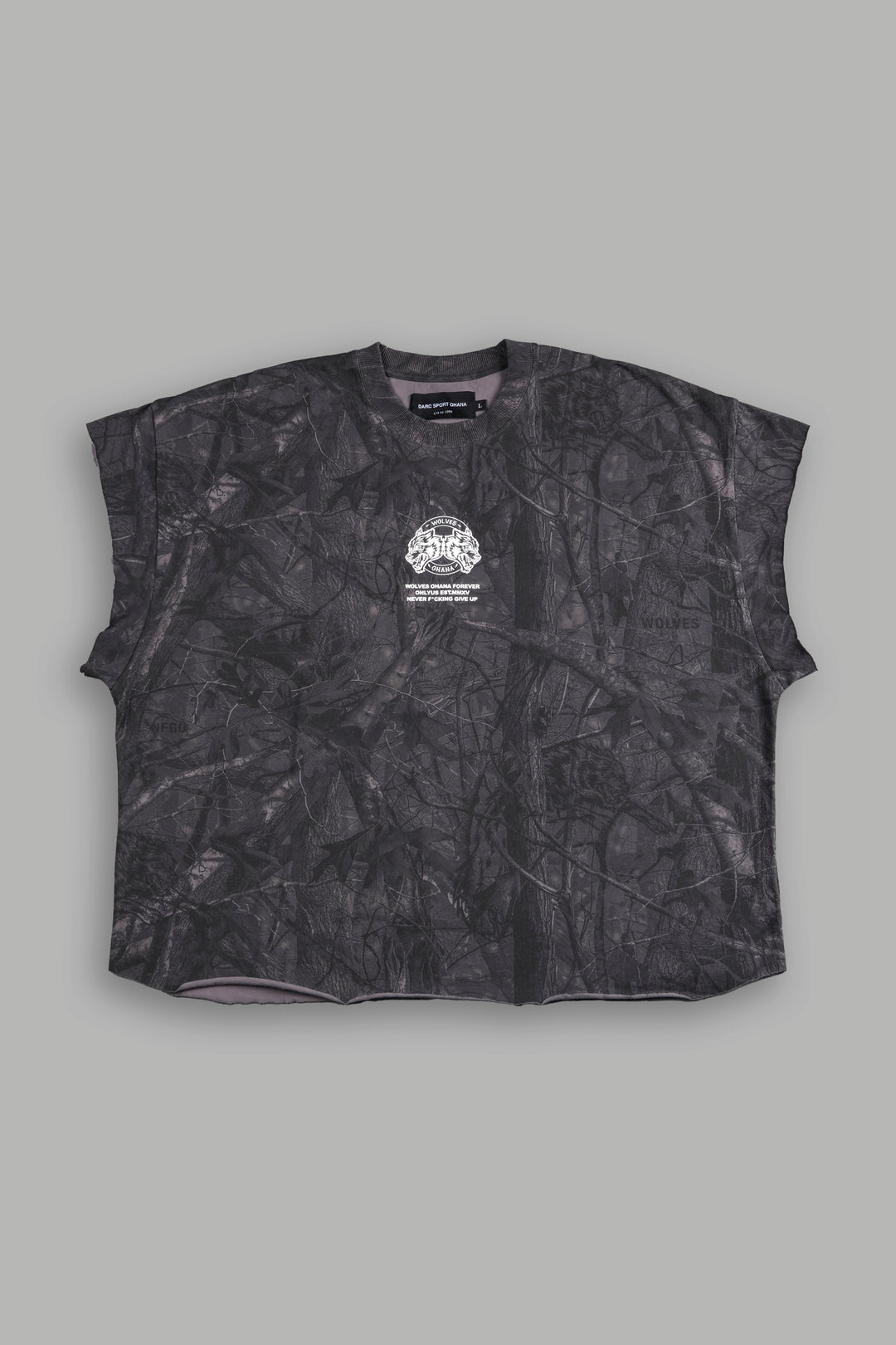 Wolves Ohana Forever "Grunge" Cut Off Tee in Darc Driftwood Forest Camo