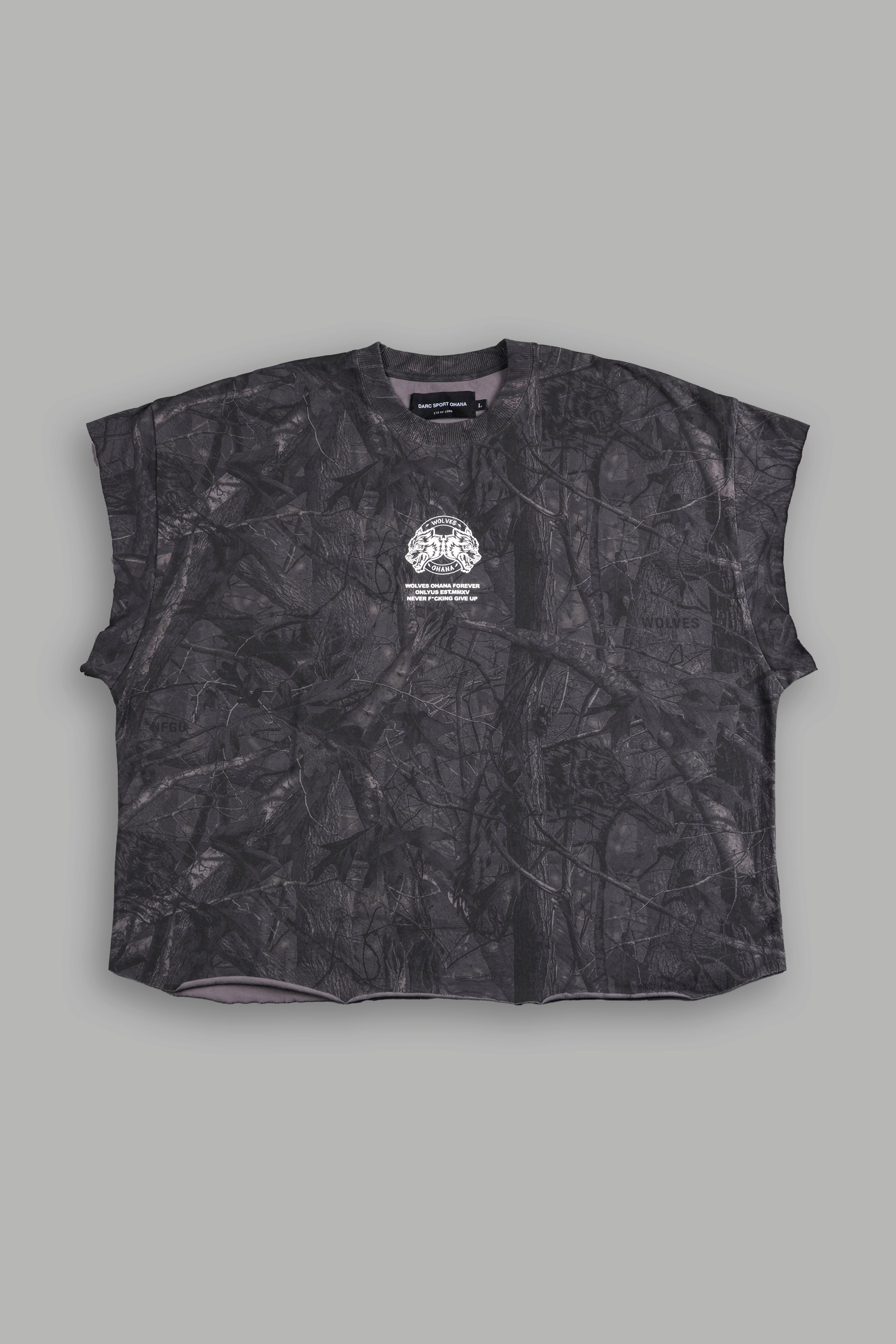 Wolves Ohana Forever "Grunge" Cut Off Tee in Darc Driftwood Forest Camo