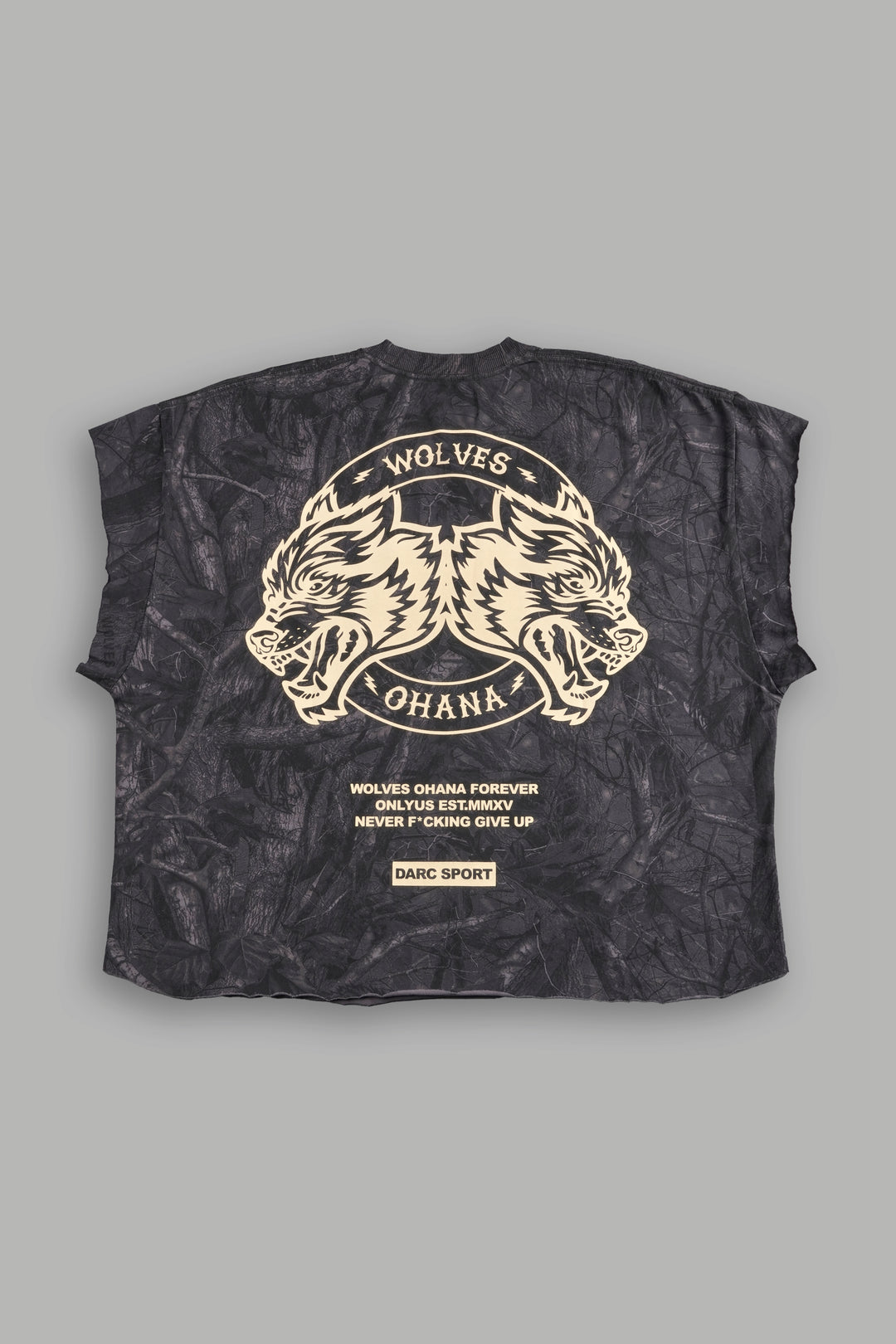 Wolves Ohana Forever "Grunge" Cut Off Tee in Darc Driftwood Forest Camo