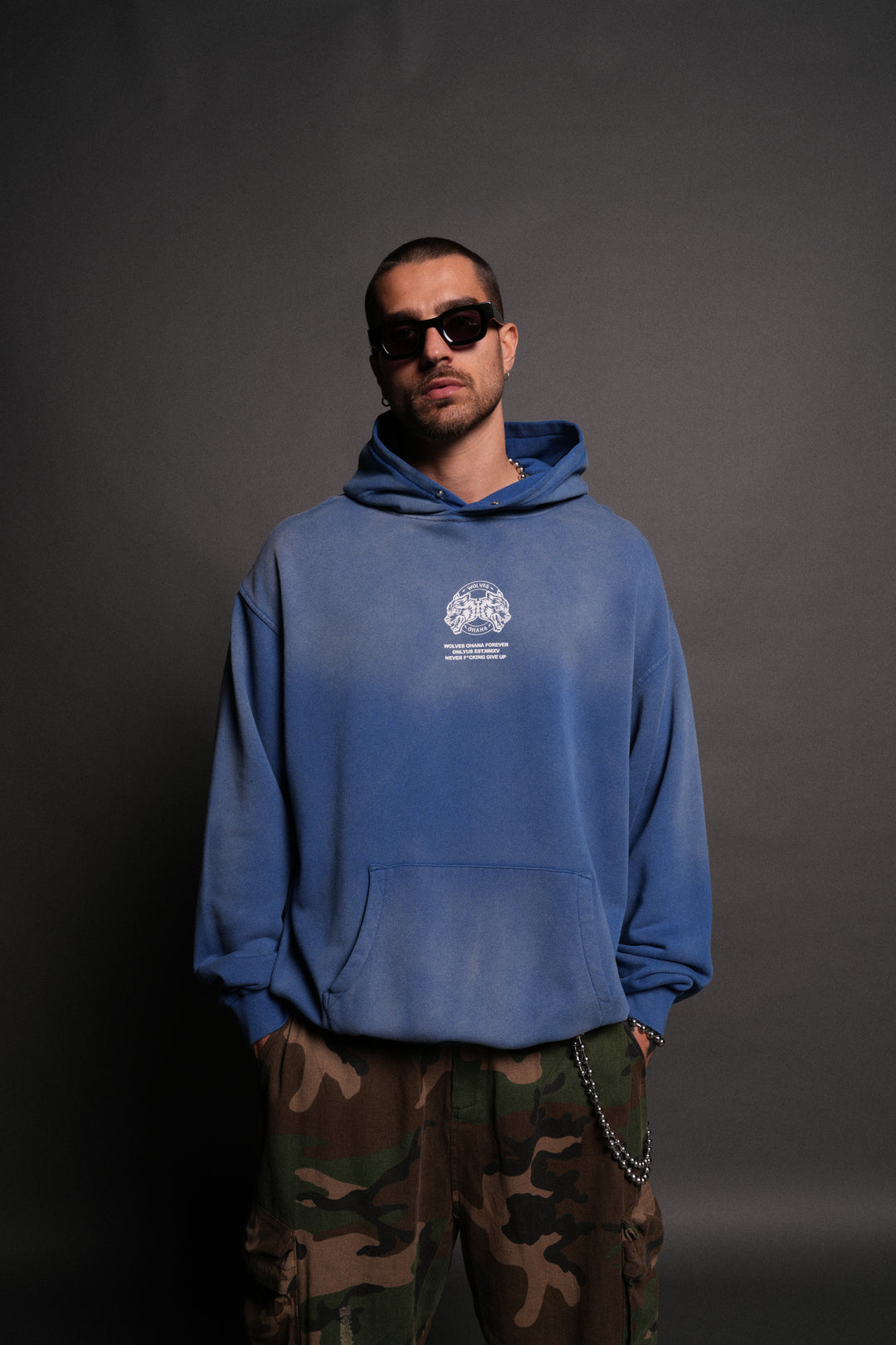 Wolves Ohana Forever "Pierce" Hoodie in Darc Cobalt Drift Wash