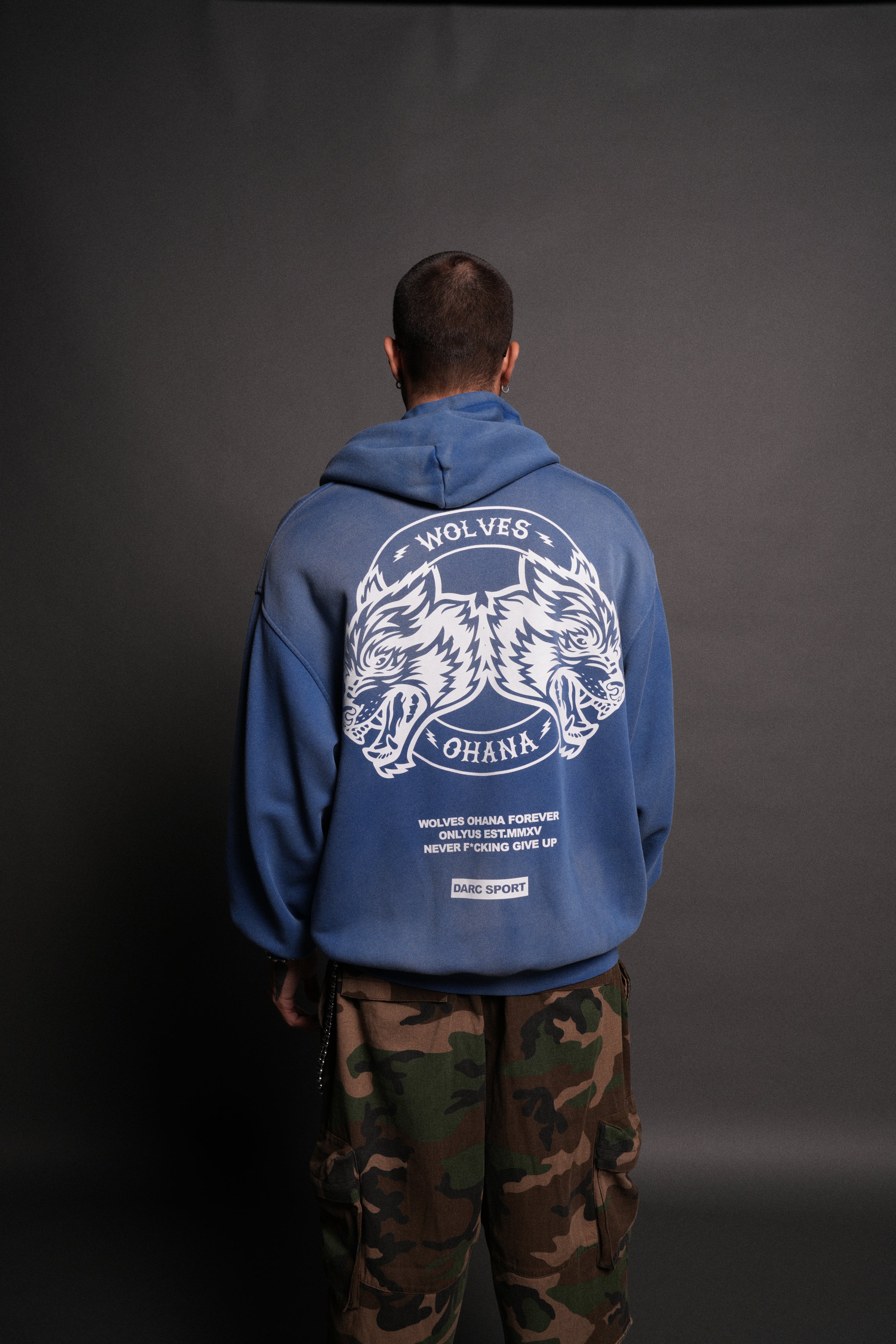 Wolves Ohana Forever "Pierce" Hoodie in Darc Cobalt Drift Wash